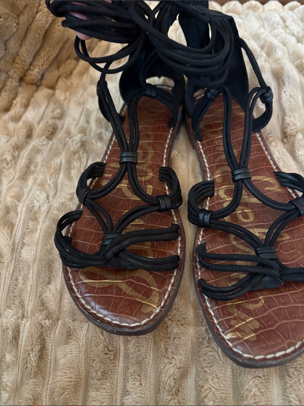 Sam Edelman Black Lace-Up Gladiator Sandals with Brown Footbed